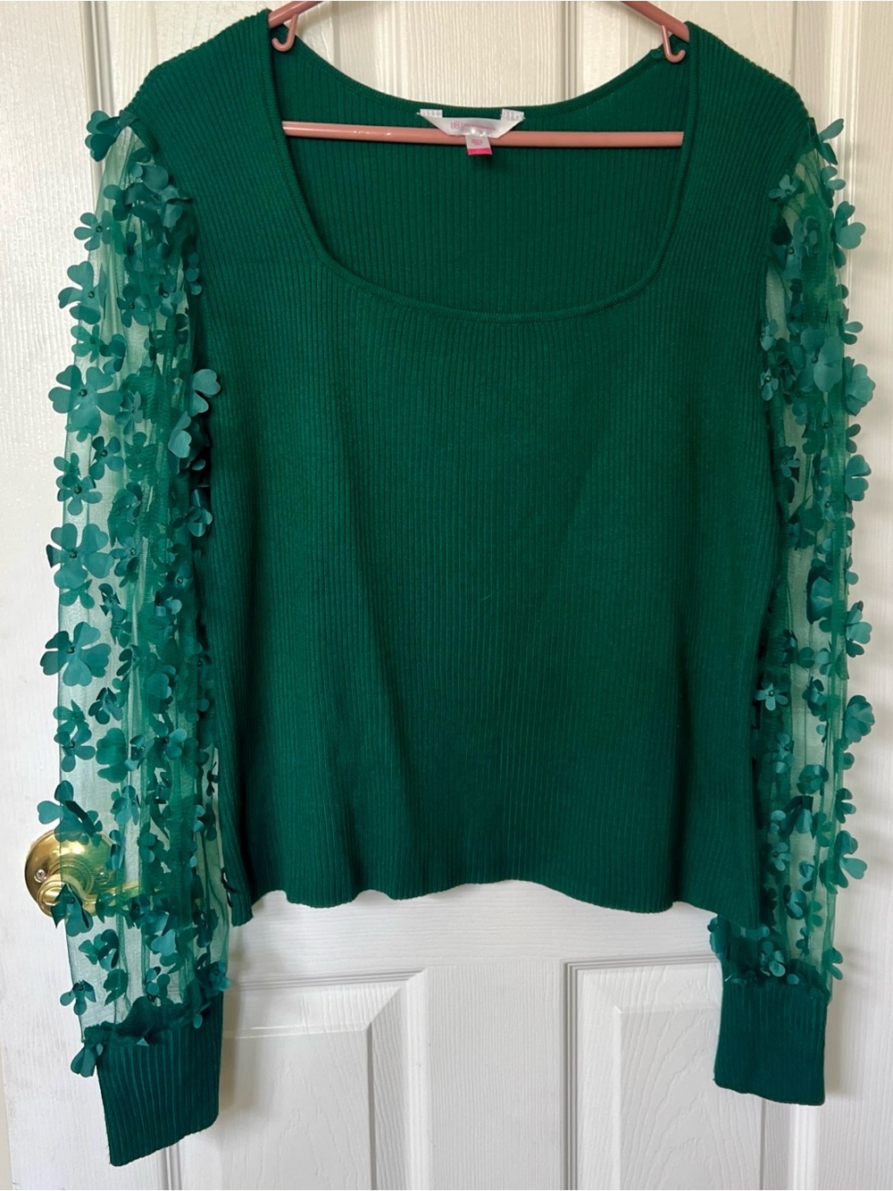 NO BOUNDARIES Sz XL RIB KNIT textured TOP sheer mesh sleeves 3D floral appliqués